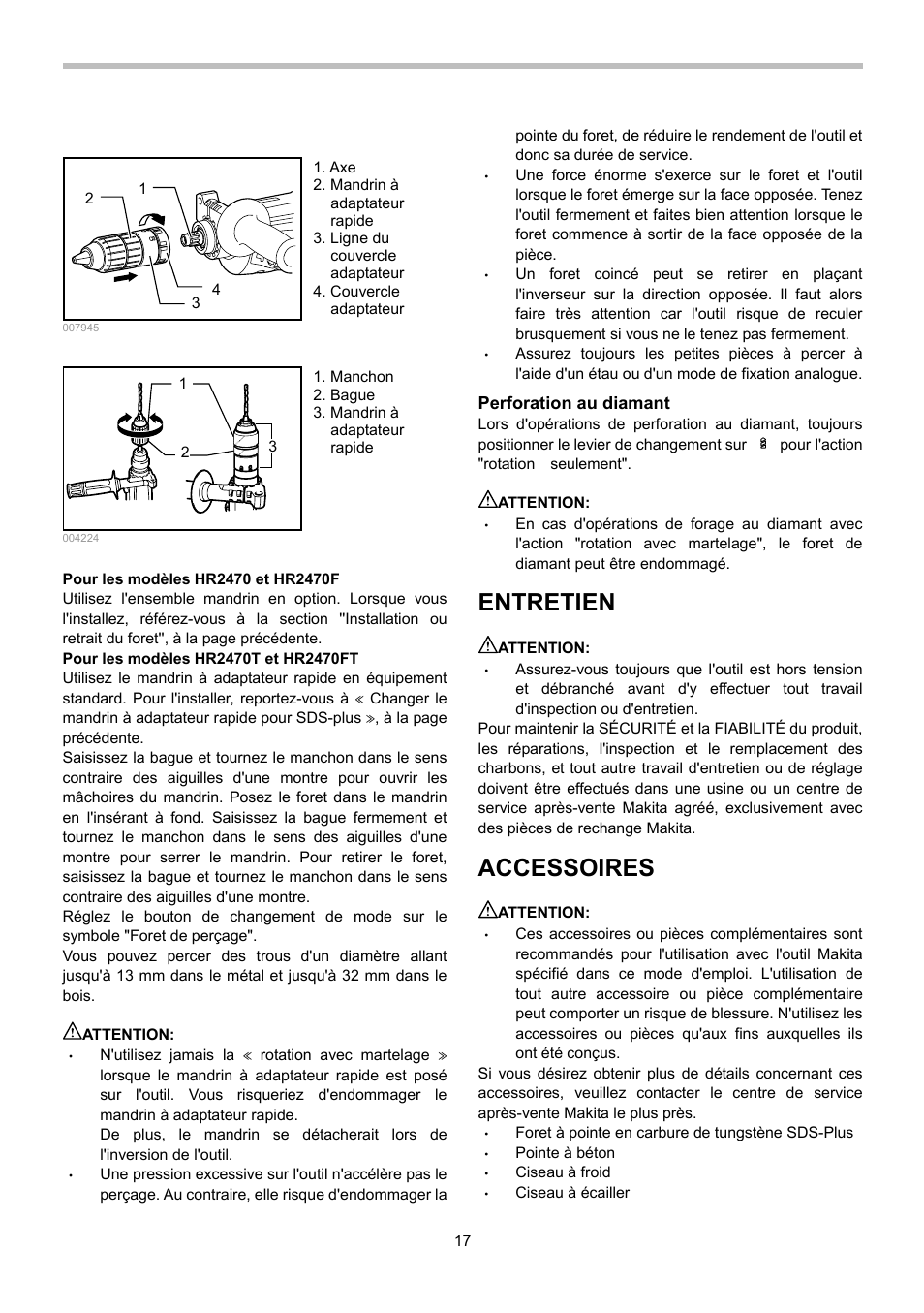 Entretien, Accessoires | Makita HR2470 User Manual | Page 17 / 28