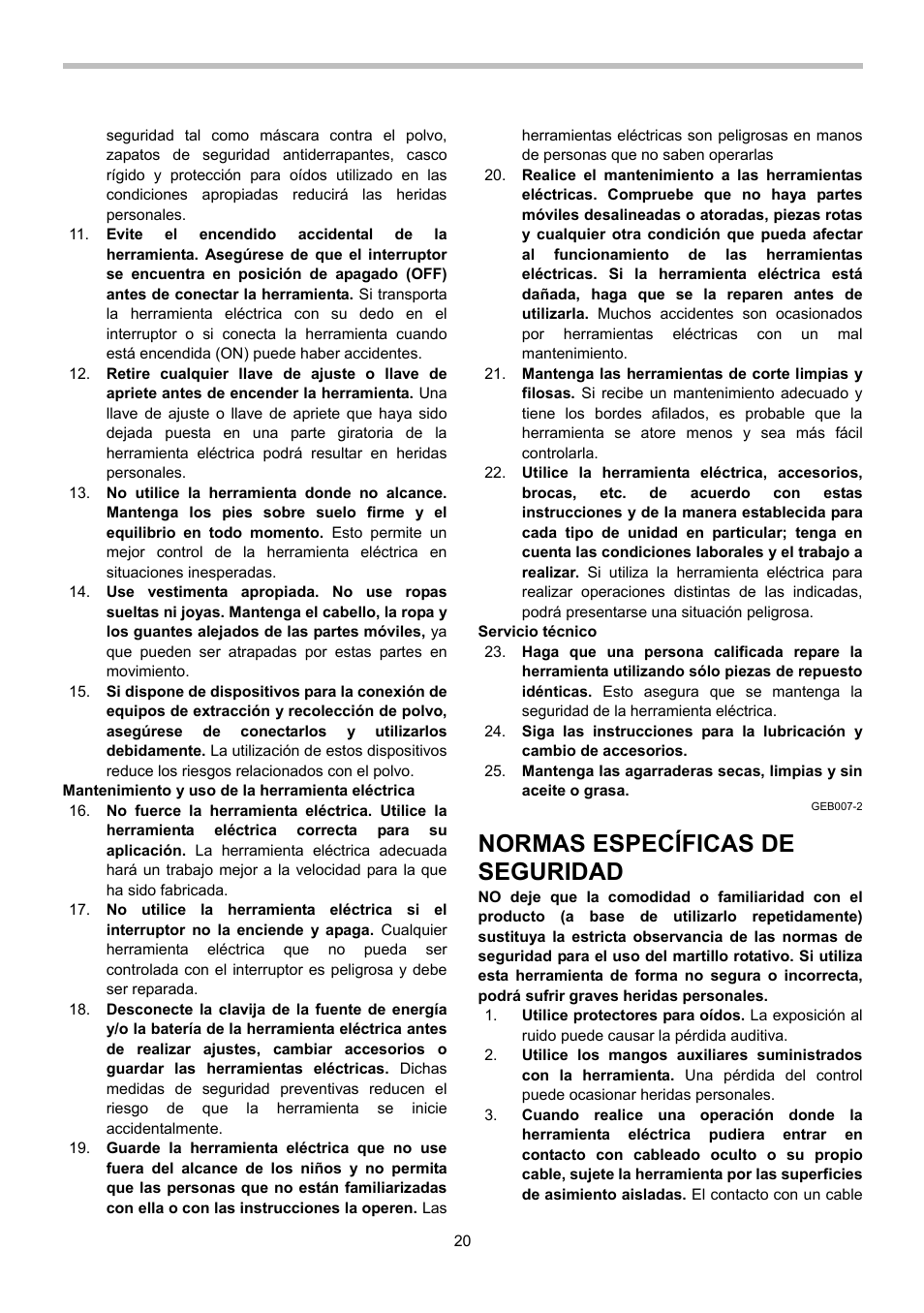 Normas específicas de seguridad | Makita HR2470 User Manual | Page 20 / 28