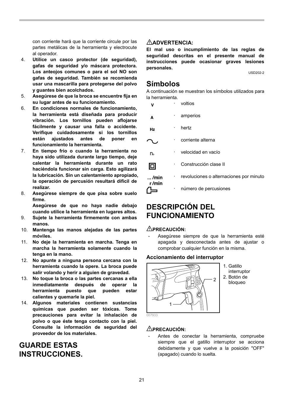 Guarde estas instrucciones, Símbolos, Descripción del funcionamiento | Makita HR2470 User Manual | Page 21 / 28