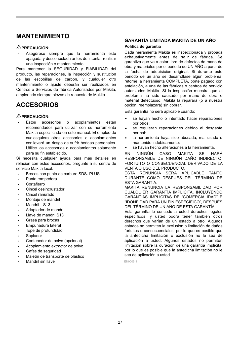 Mantenimiento, Accesorios, Garantía limitada makita de un año | Makita HR2470 User Manual | Page 27 / 28