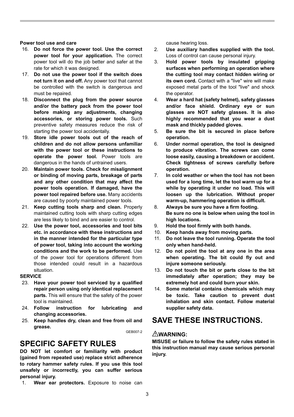 Specific safety rules, Save these instructions | Makita HR2470 User Manual | Page 3 / 28