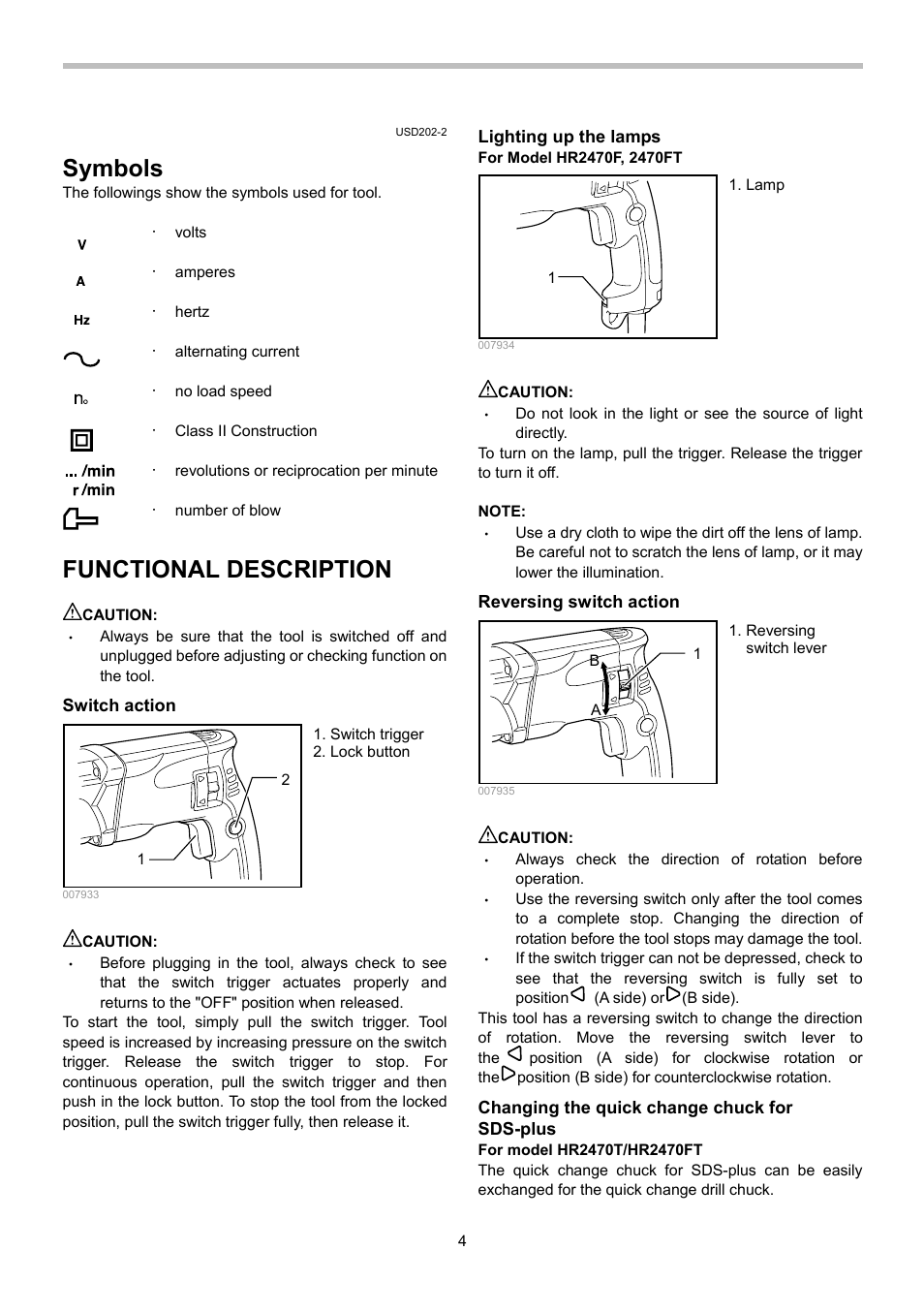 Symbols, Functional description | Makita HR2470 User Manual | Page 4 / 28