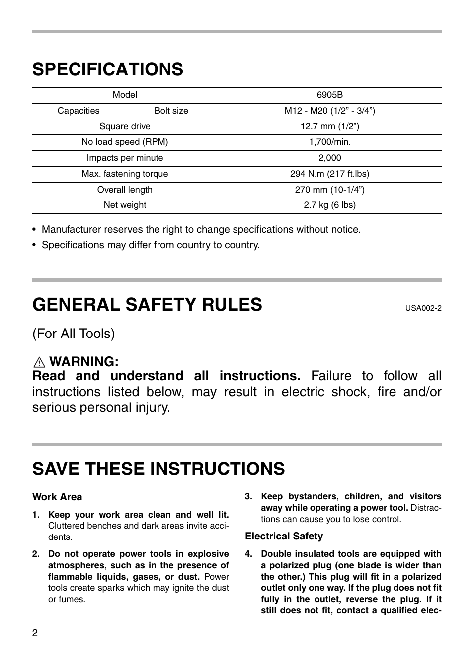 Specifications, General safety rules, Save these instructions | Makita 6905B User Manual | Page 2 / 12