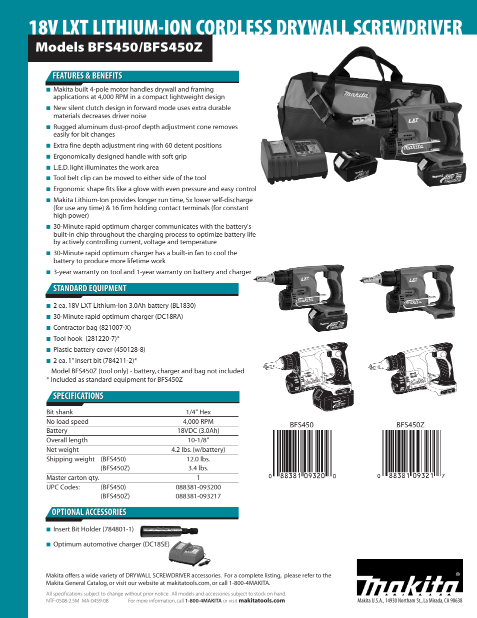18v lxt lithium-ion cordless drywall screwdriver, Features & benefits, Specifications | Optional accessories | Makita BFS450Z User Manual | Page 2 / 2
