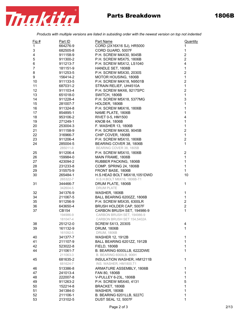 Parts breakdown 1806b | Makita 1806B User Manual | Page 2 / 3