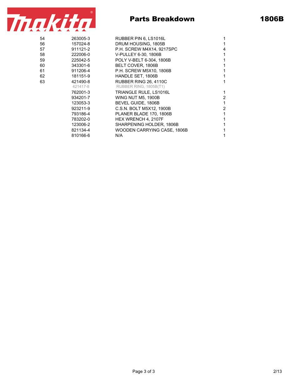 Parts breakdown 1806b | Makita 1806B User Manual | Page 3 / 3