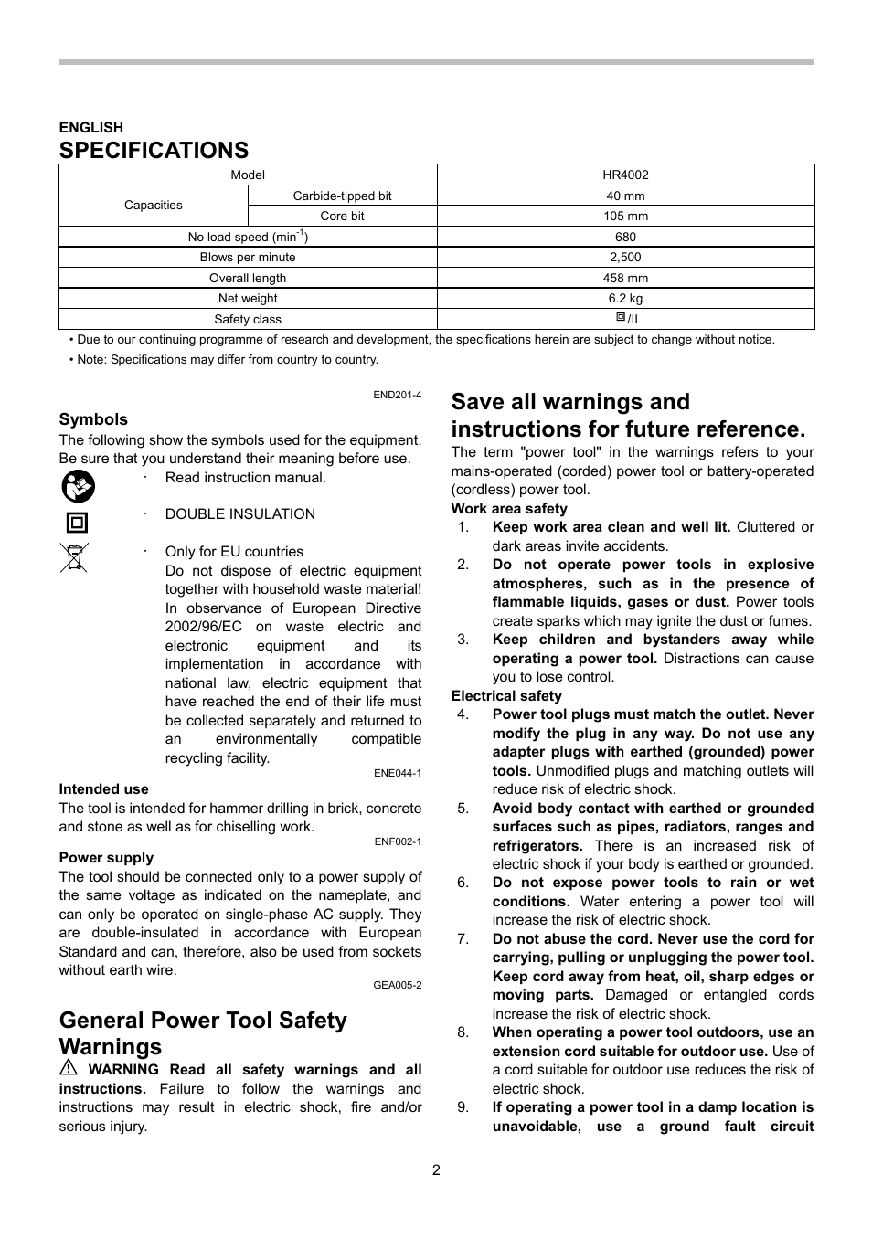 Specifications, General power tool safety warnings, Symbols | Makita HR4002 User Manual | Page 2 / 8