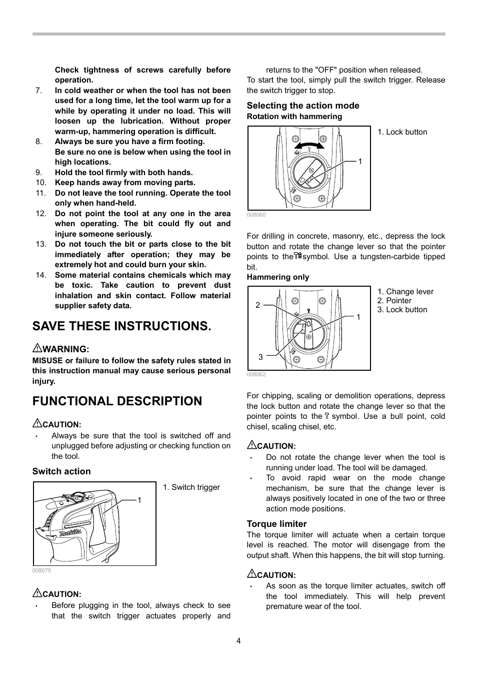 Save these instructions, Functional description | Makita HR4002 User Manual | Page 4 / 8