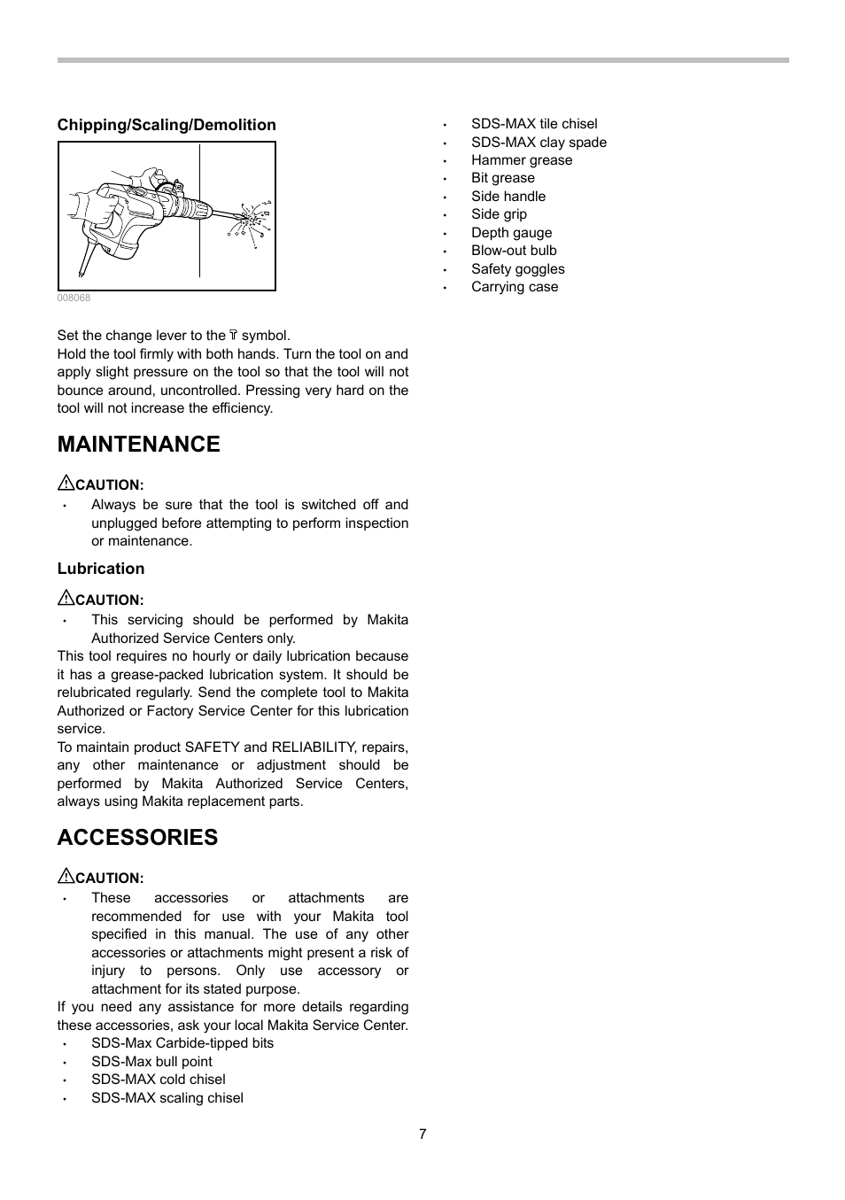 Maintenance, Accessories, Chipping/scaling/demolition | Lubrication | Makita HR4002 User Manual | Page 7 / 8