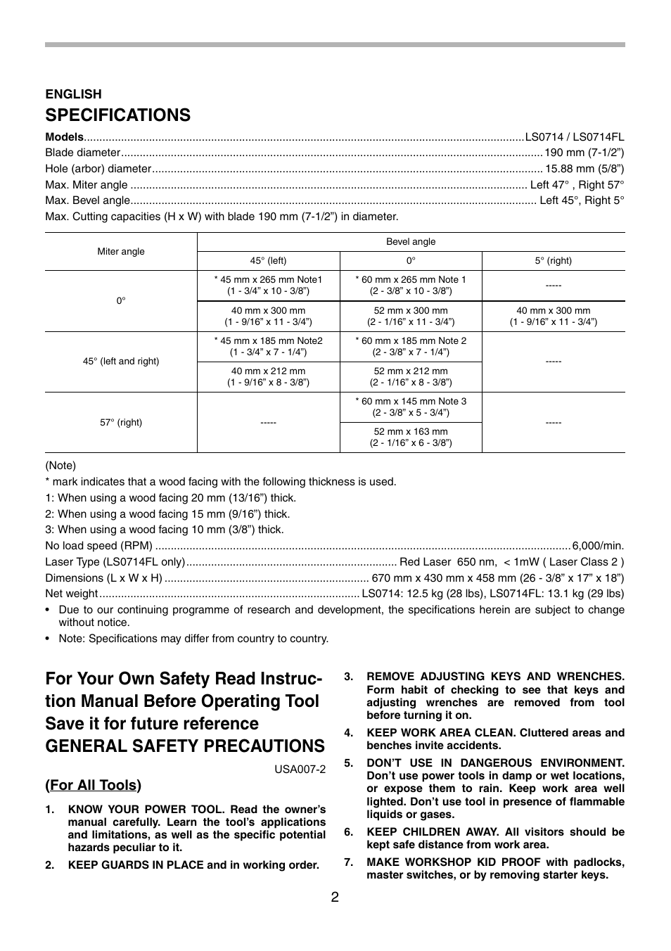 Specifications, For all tools), English | Makita LS0714FL User Manual | Page 2 / 68