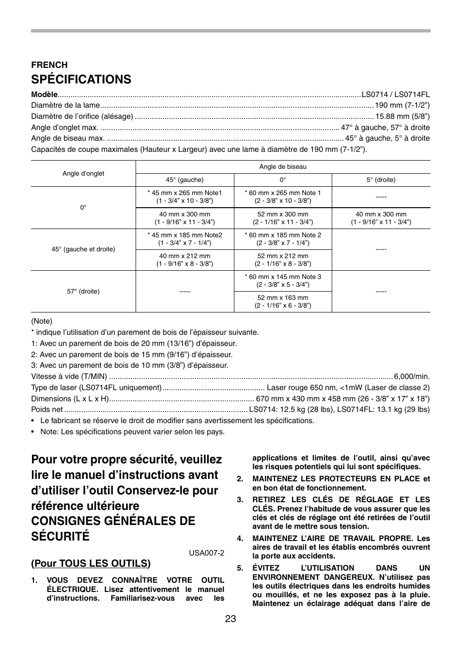 Spécifications, Pour tous les outils), French | Makita LS0714FL User Manual | Page 23 / 68