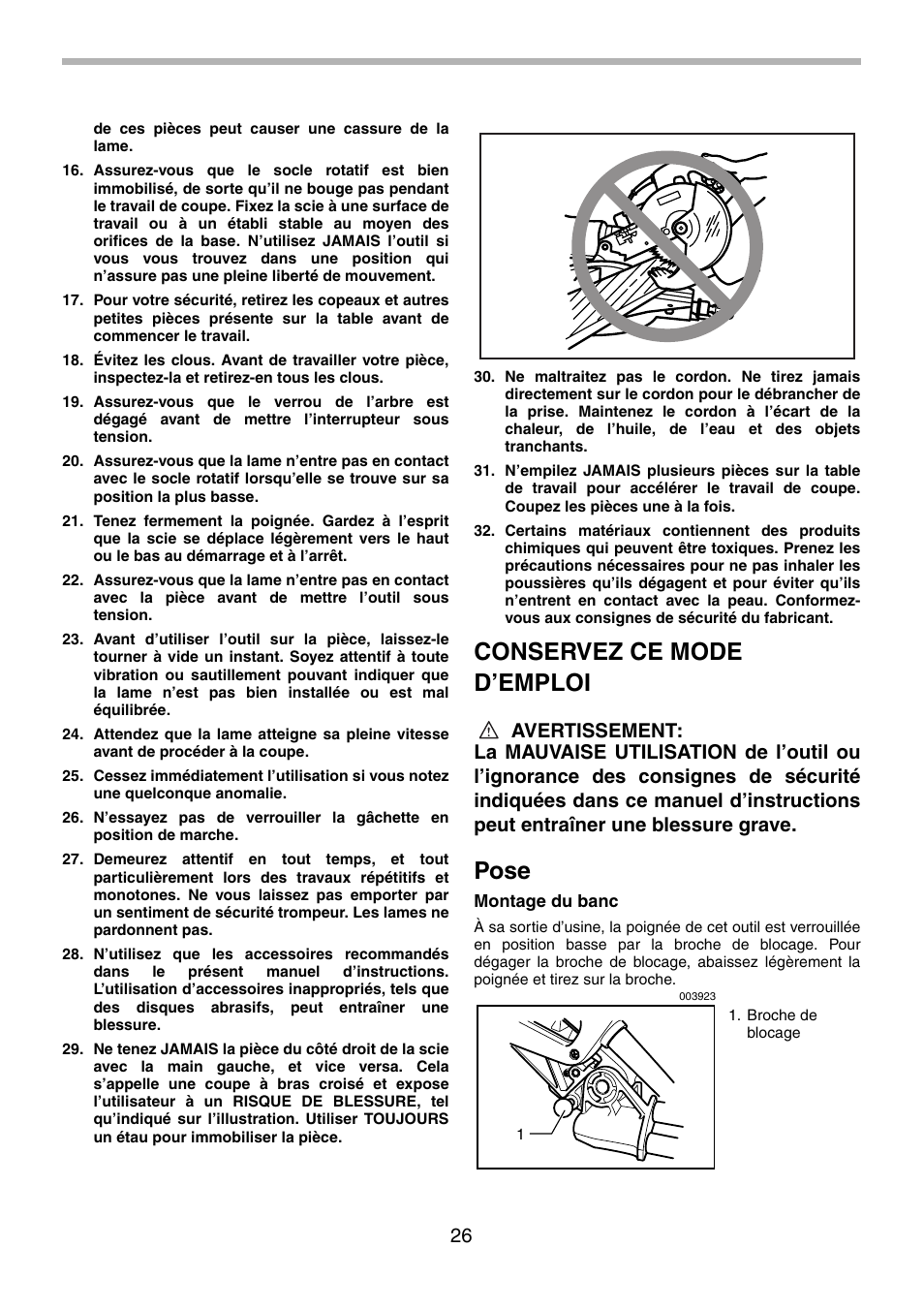 Conservez ce mode d’emploi, Pose | Makita LS0714FL User Manual | Page 26 / 68