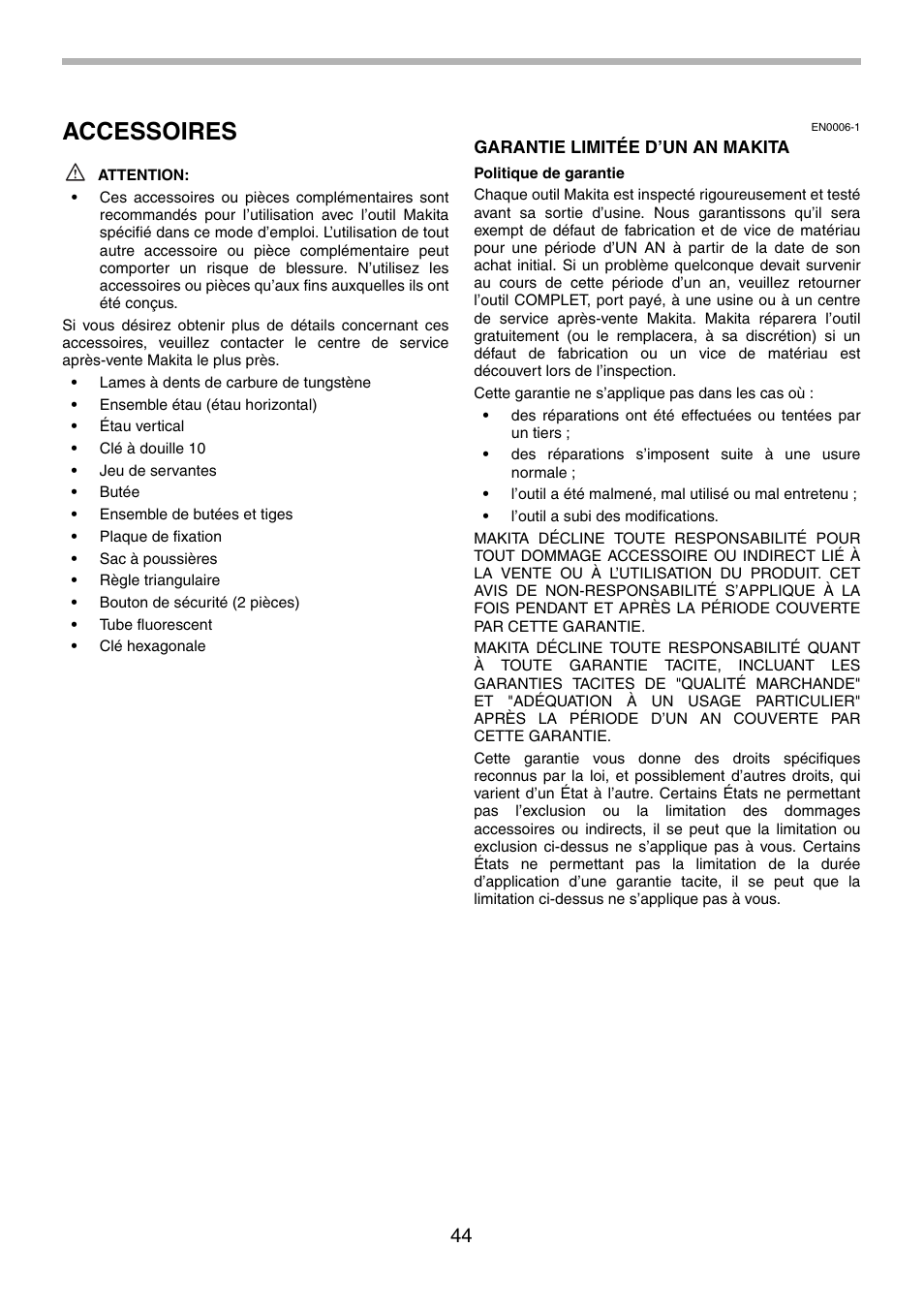 Accessoires | Makita LS0714FL User Manual | Page 44 / 68