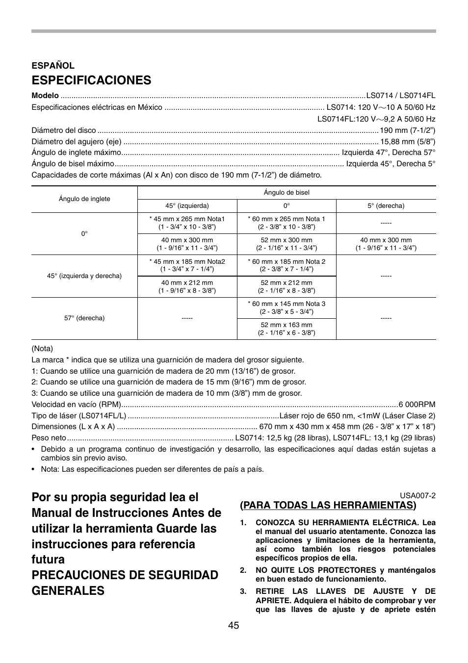 Especificaciones, Para todas las herramientas), Español | Makita LS0714FL User Manual | Page 45 / 68