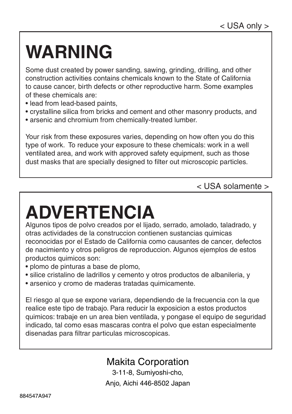 Warning, Advertencia | Makita LS0714FL User Manual | Page 68 / 68