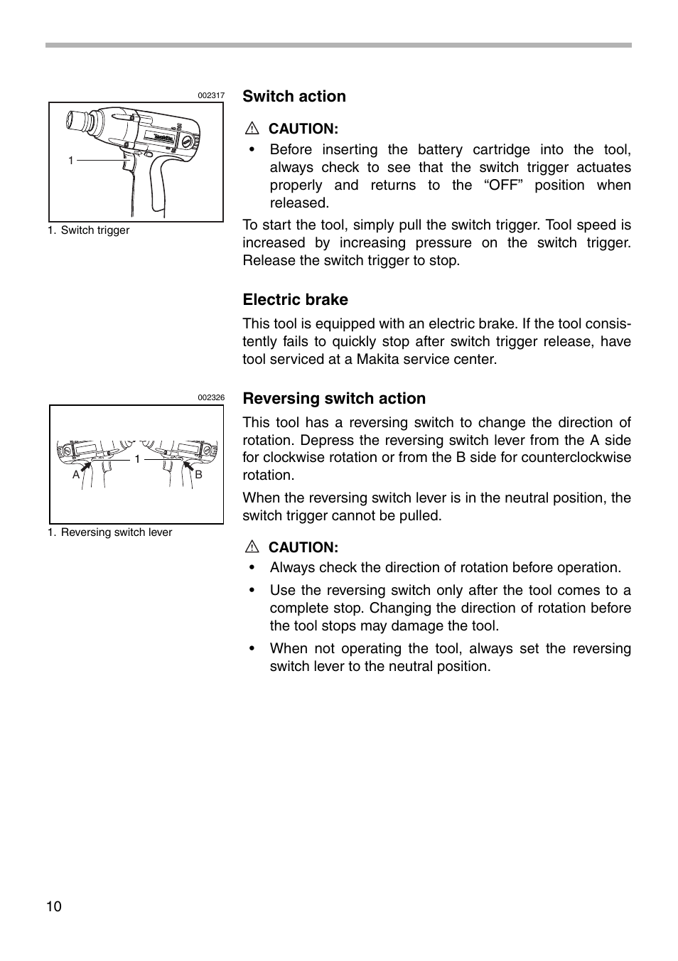 Switch action, Electric brake, Reversing switch action | Makita 6917D User Manual | Page 10 / 20