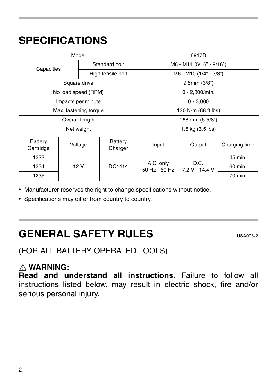 Specifications, General safety rules | Makita 6917D User Manual | Page 2 / 20