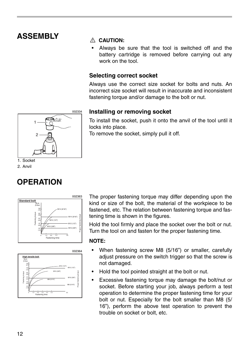 Assembly, Operation, Selecting correct socket | Installing or removing socket, Socket 2. anvil 1 2 | Makita BTW120 User Manual | Page 12 / 20