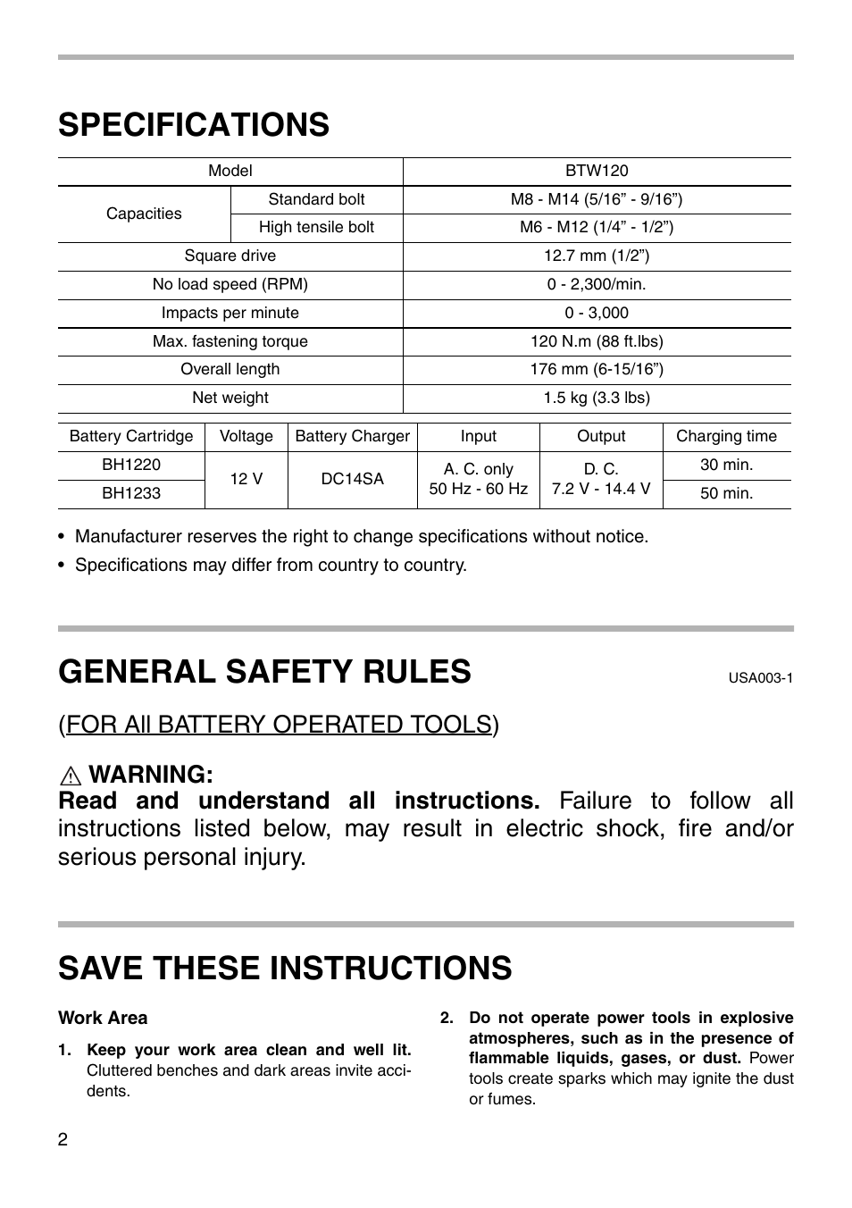 Specifications, General safety rules, Save these instructions | Makita BTW120 User Manual | Page 2 / 20