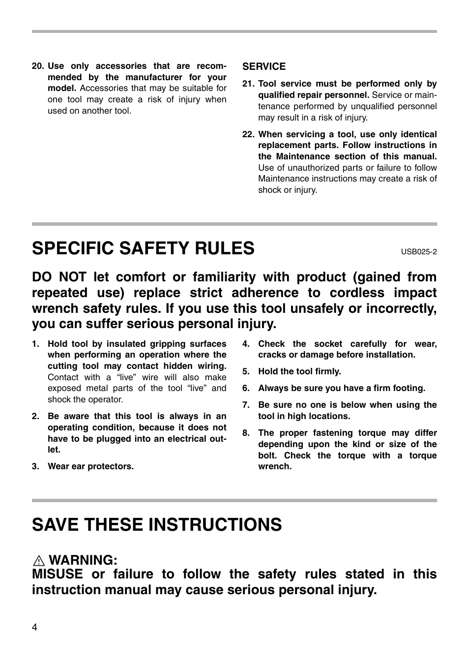 Specific safety rules, Save these instructions | Makita BTW120 User Manual | Page 4 / 20