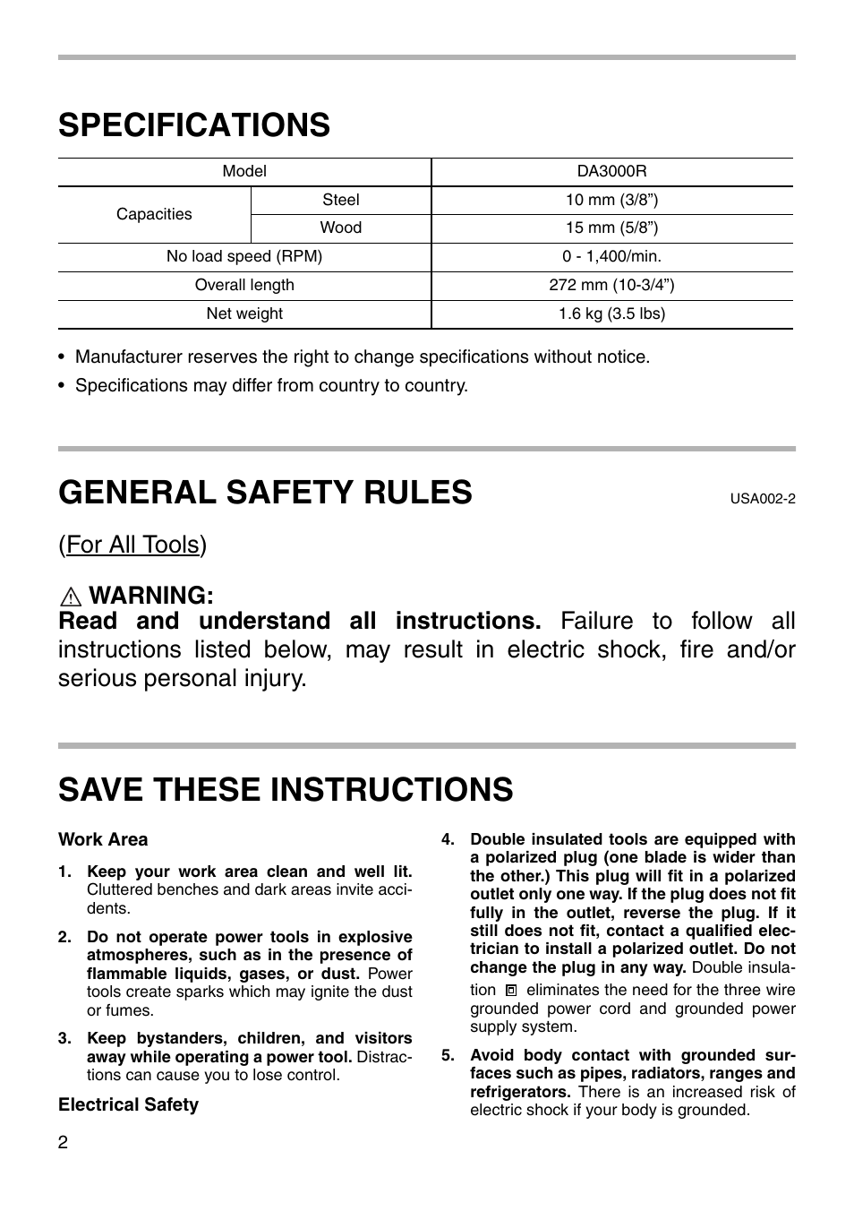 Specifications, General safety rules, Save these instructions | Makita DA3000R User Manual | Page 2 / 12