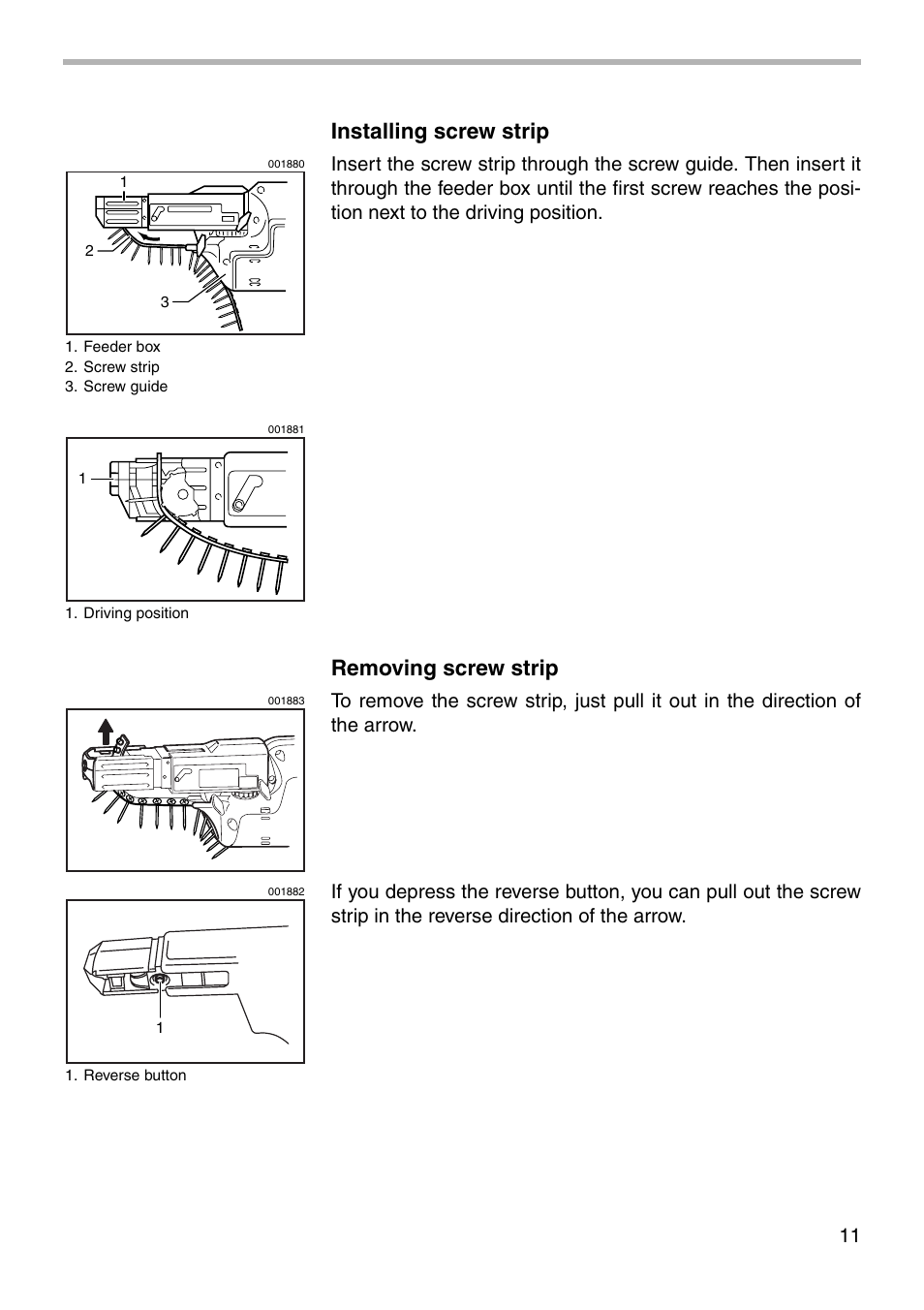 Installing screw strip, Removing screw strip | Makita 6835D User Manual | Page 11 / 20