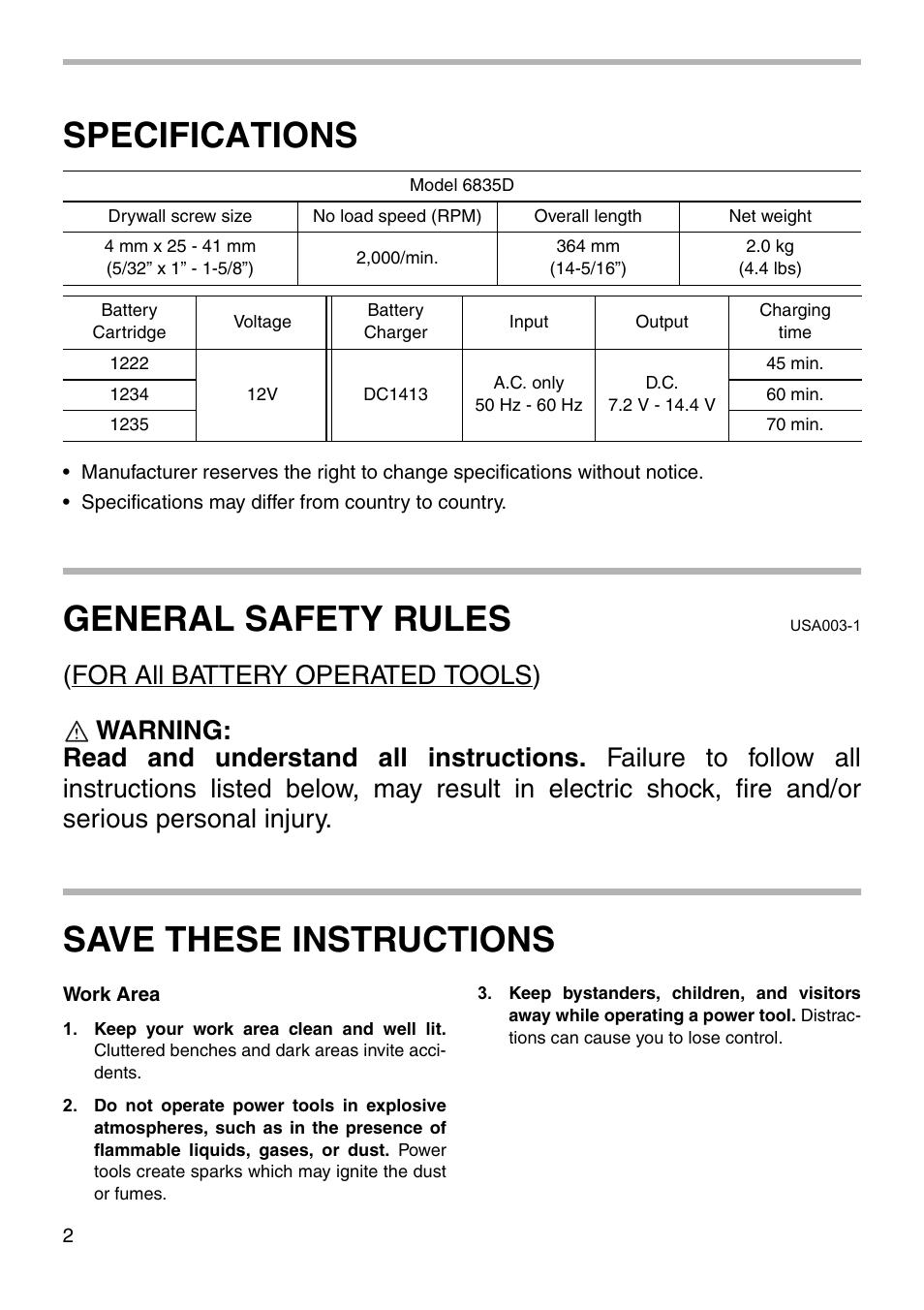 Specifications, General safety rules, Save these instructions | Makita 6835D User Manual | Page 2 / 20