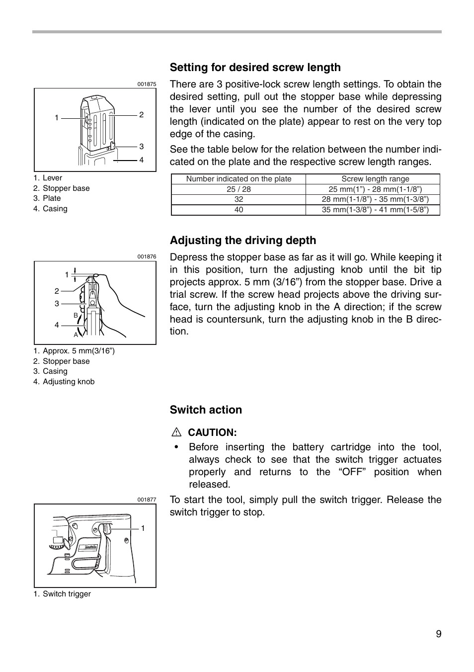 Setting for desired screw length, Adjusting the driving depth, Switch action | Makita 6835D User Manual | Page 9 / 20