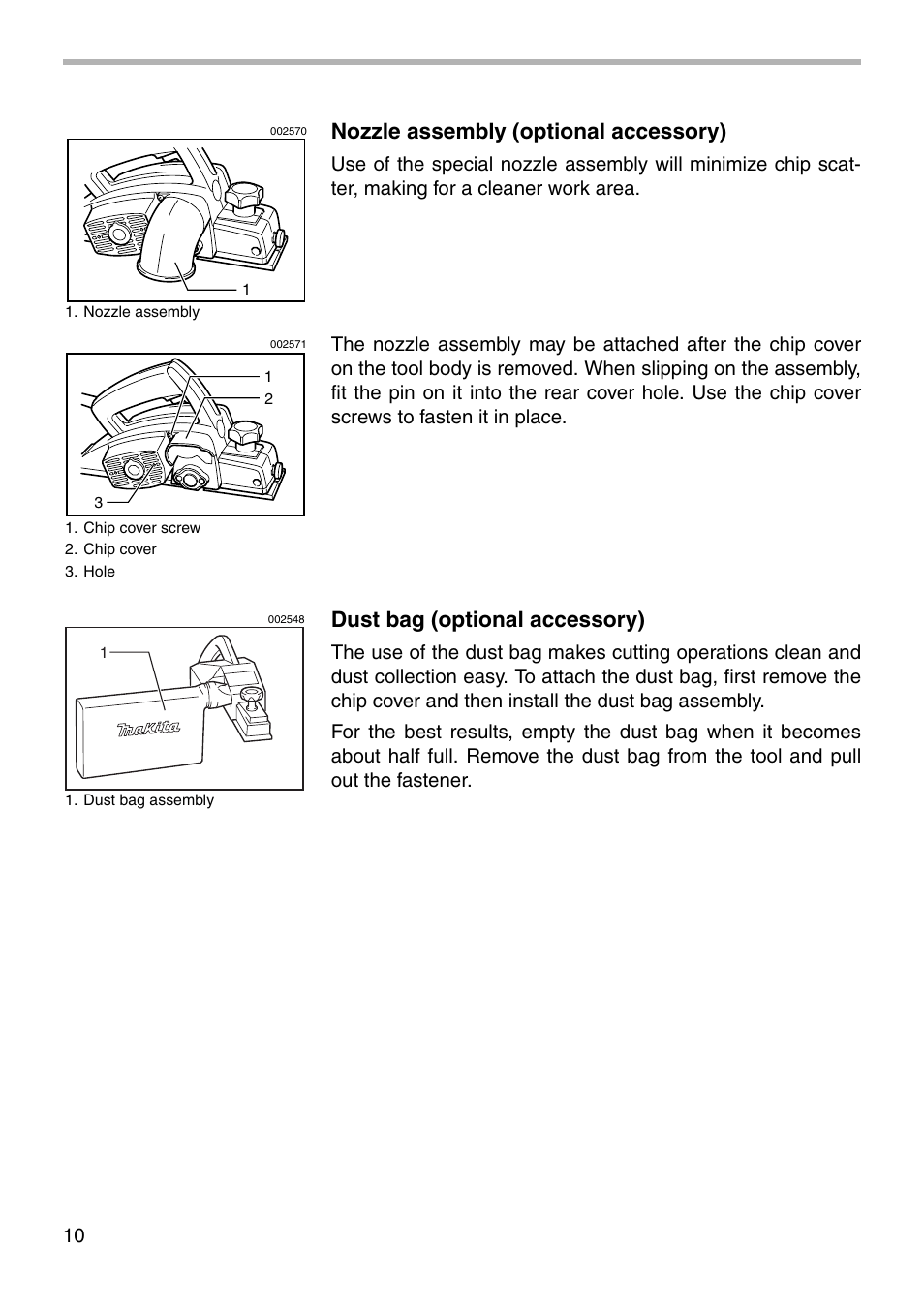 Nozzle assembly (optional accessory), Dust bag (optional accessory) | Makita N1900B User Manual | Page 10 / 20