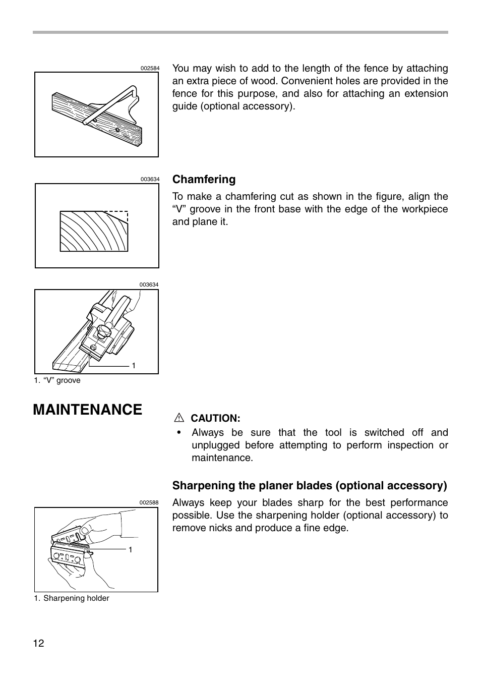 Maintenance, Chamfering, Sharpening the planer blades (optional accessory) | Makita N1900B User Manual | Page 12 / 20