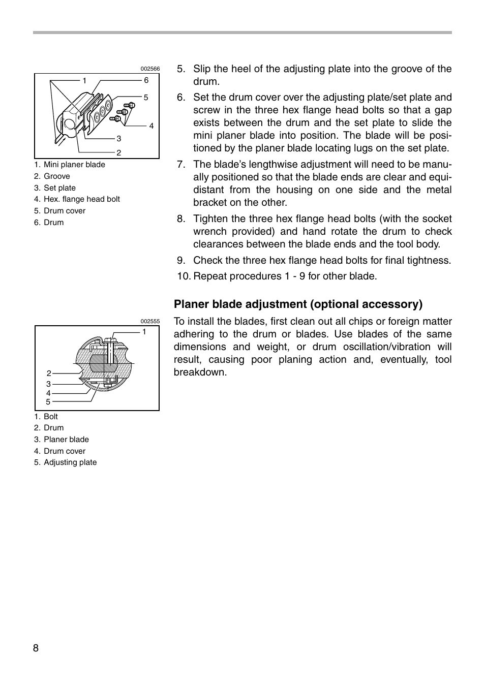Planer blade adjustment (optional accessory) | Makita N1900B User Manual | Page 8 / 20