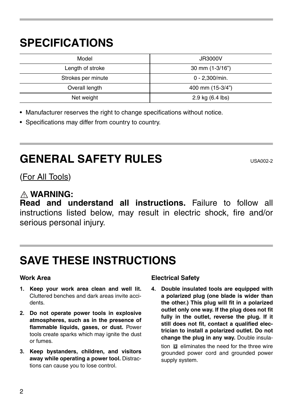 Specifications, General safety rules, Save these instructions | Makita JR3000V User Manual | Page 2 / 12