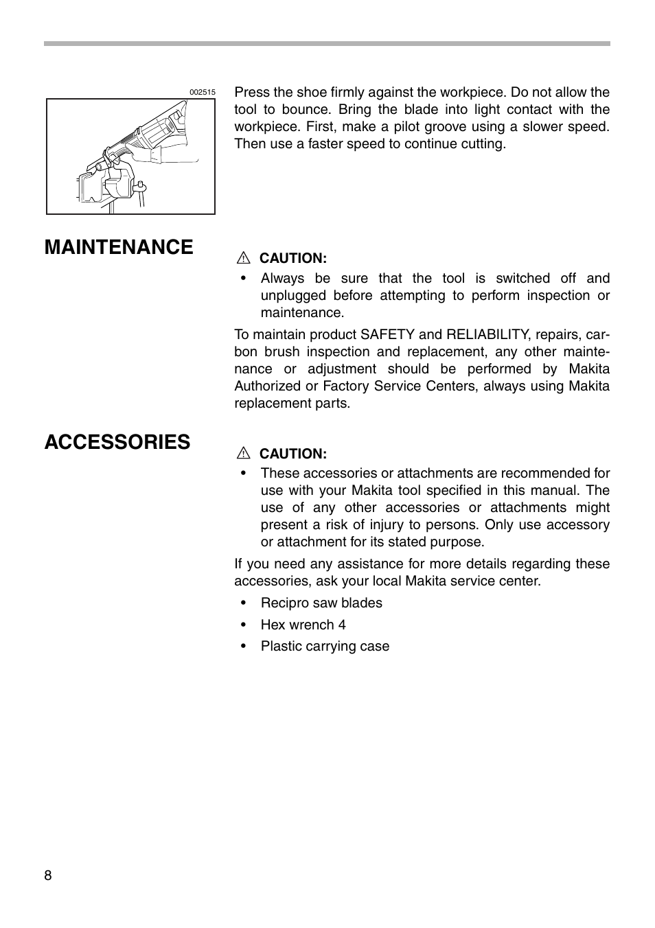 Maintenance, Accessories | Makita JR3000V User Manual | Page 8 / 12