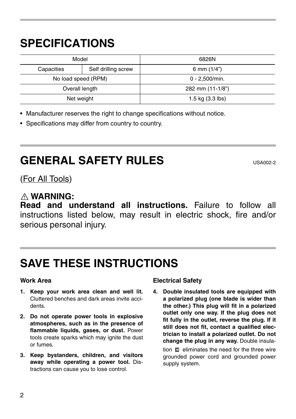 Specifications, General safety rules, Save these instructions | Makita 6826N User Manual | Page 2 / 16