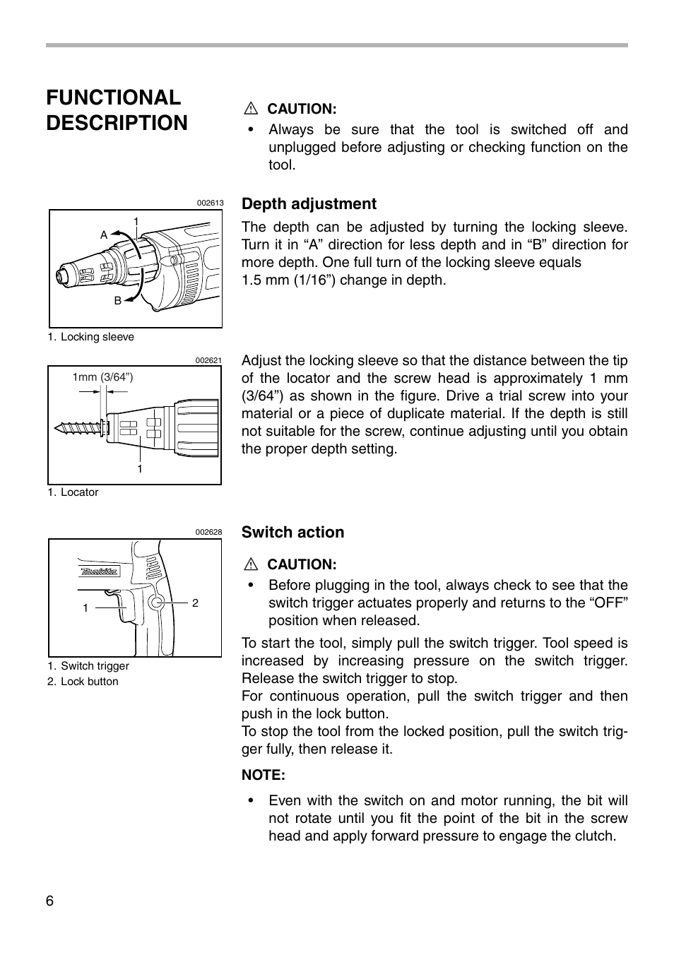 Functional description, Depth adjustment, Switch action | Makita 6826N User Manual | Page 6 / 16