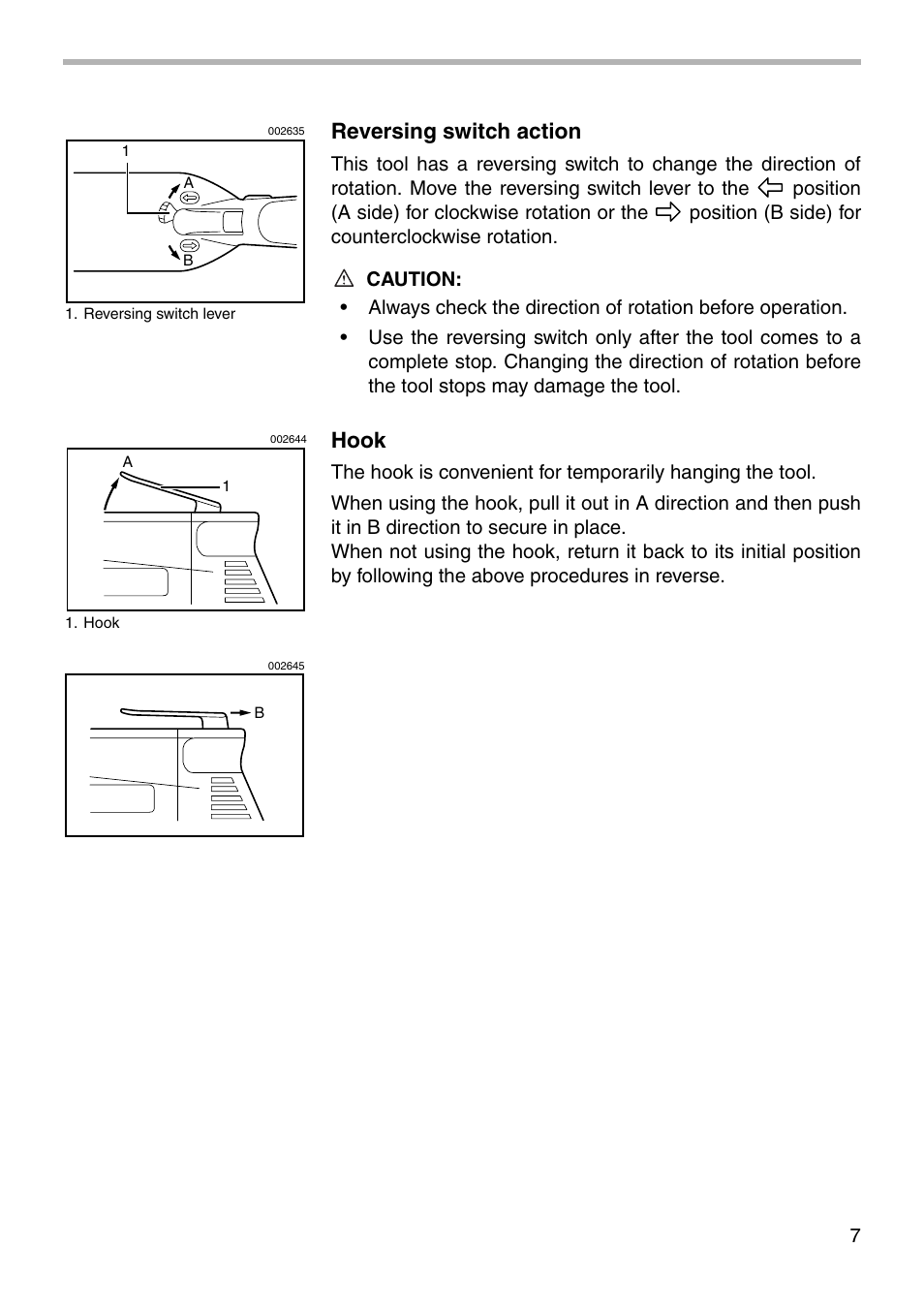 Reversing switch action, Hook | Makita 6826N User Manual | Page 7 / 16