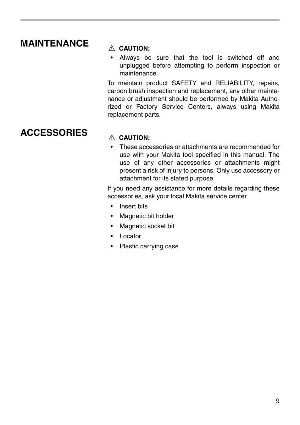 Maintenance, Accessories | Makita 6826N User Manual | Page 9 / 16