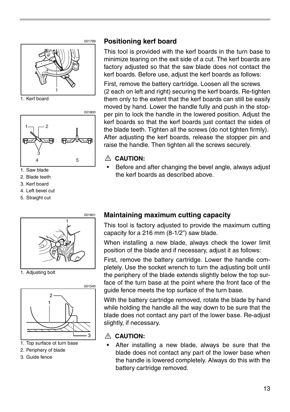 Positioning kerf board, Maintaining maximum cutting capacity | Makita BLS820 User Manual | Page 13 / 36