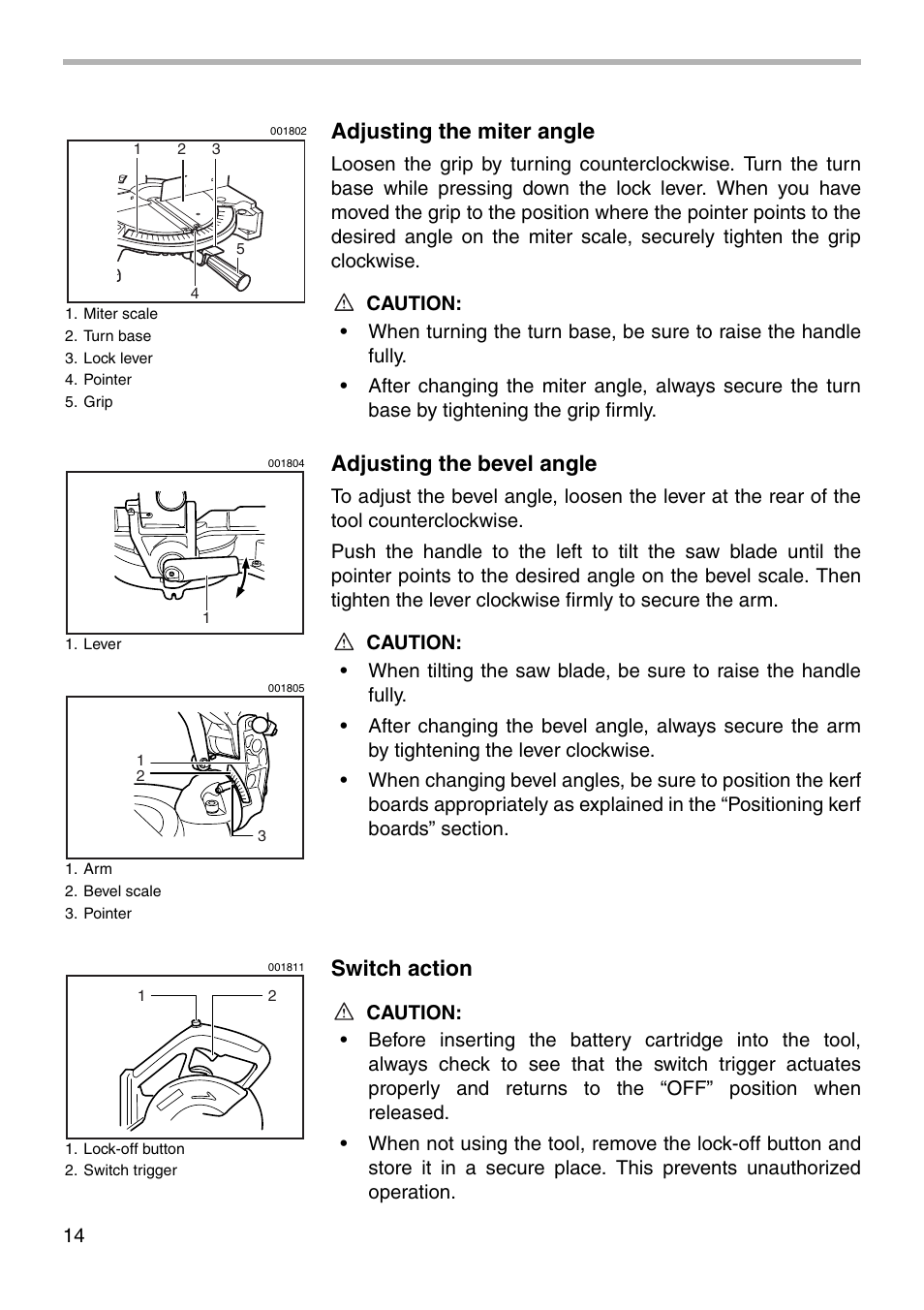 Adjusting the miter angle, Adjusting the bevel angle, Switch action | Makita BLS820 User Manual | Page 14 / 36