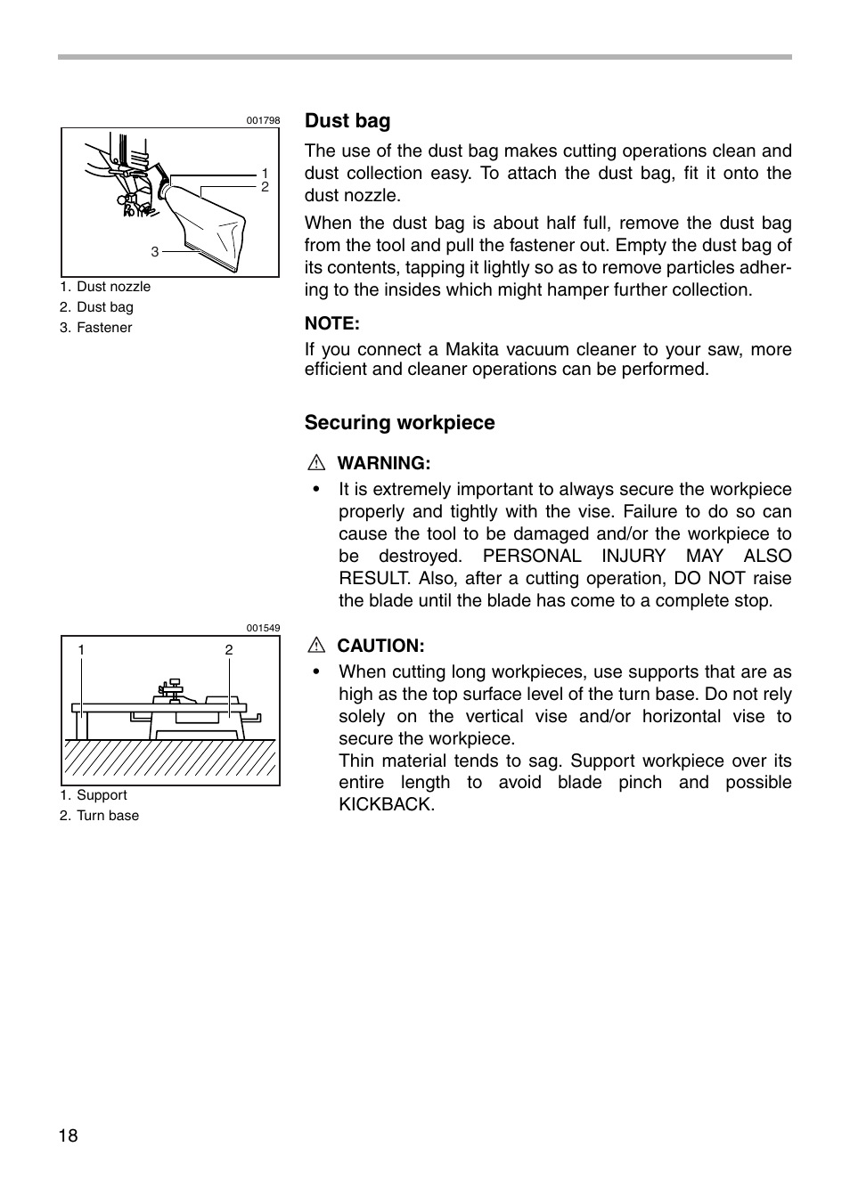 Dust bag, Securing workpiece | Makita BLS820 User Manual | Page 18 / 36