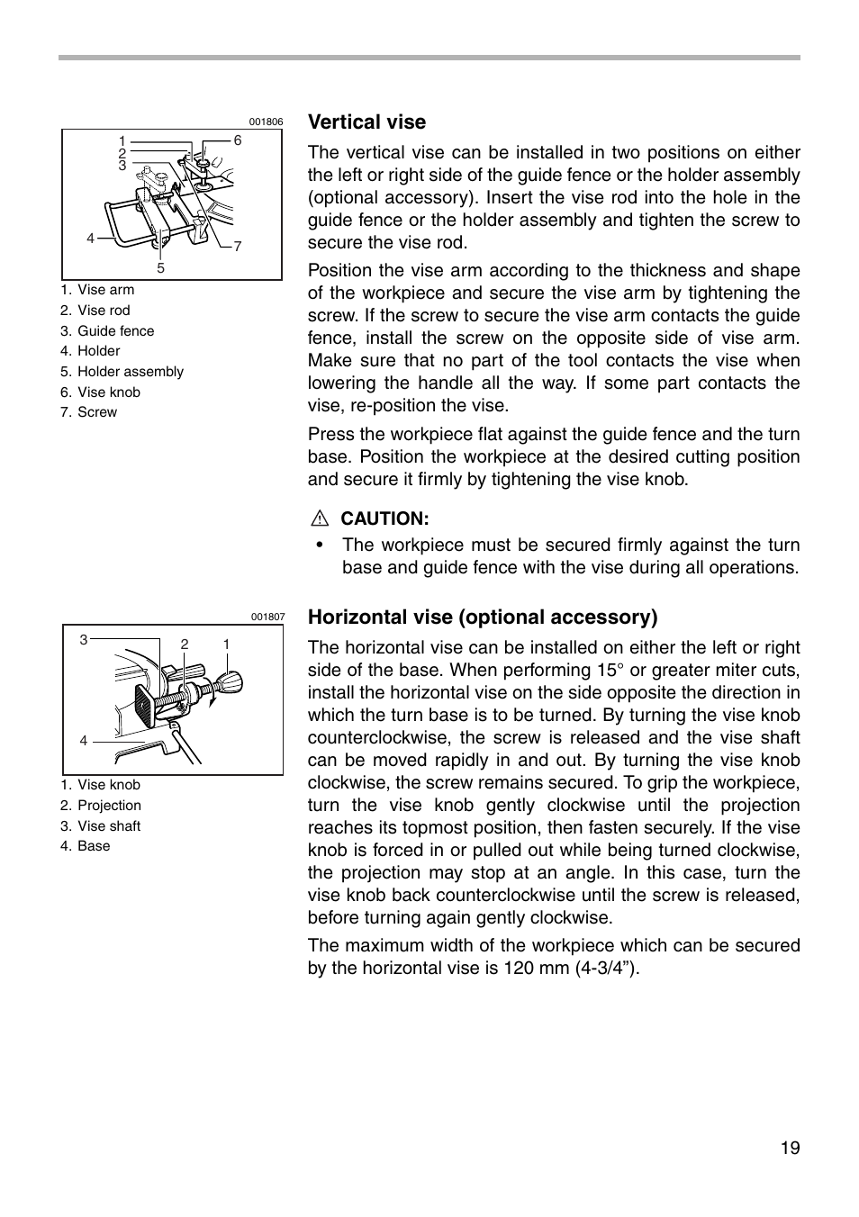 Vertical vise, Horizontal vise (optional accessory) | Makita BLS820 User Manual | Page 19 / 36