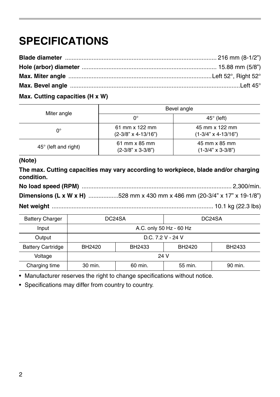Specifications | Makita BLS820 User Manual | Page 2 / 36