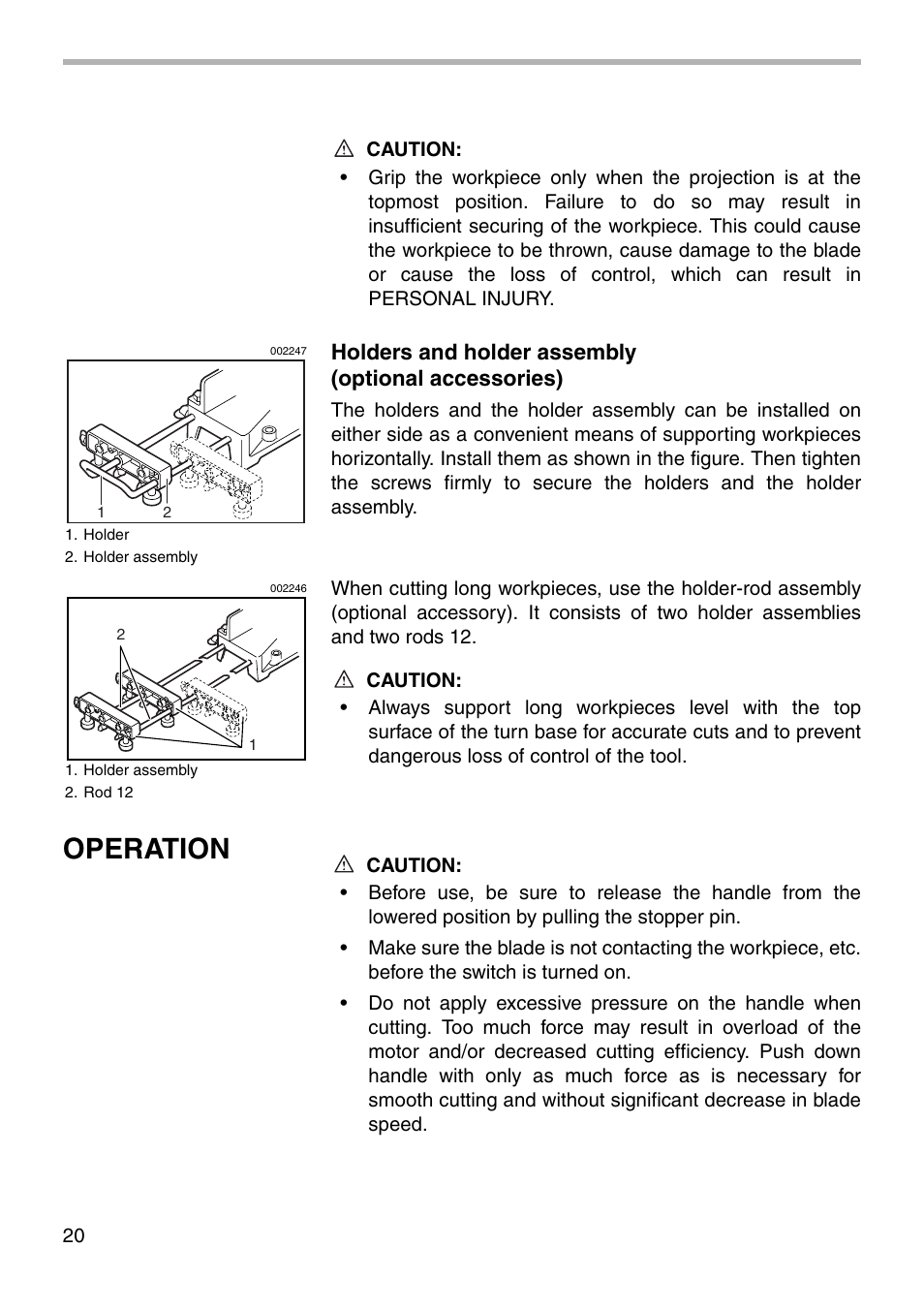 Operation, Holders and holder assembly (optional accessories) | Makita BLS820 User Manual | Page 20 / 36