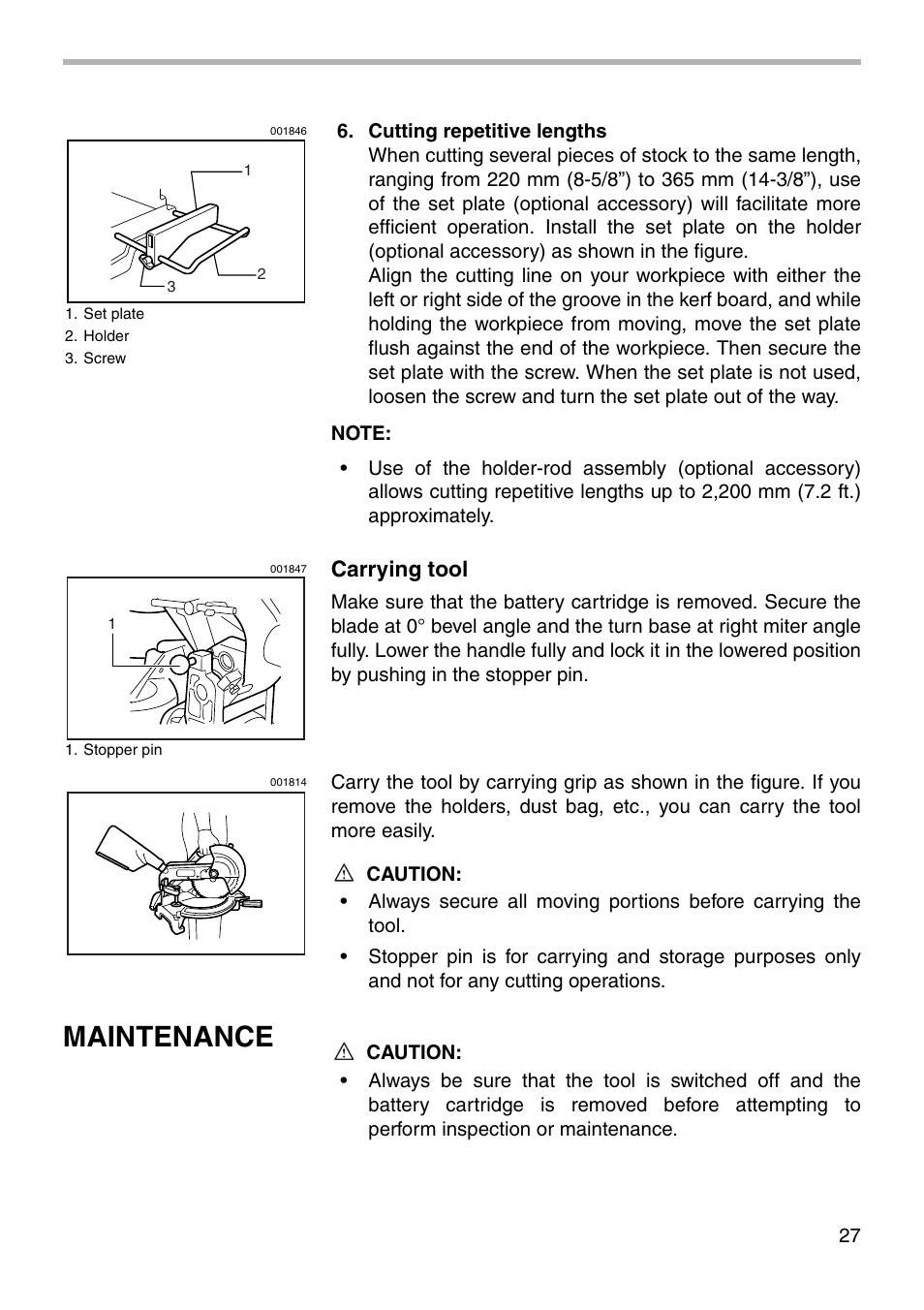 Maintenance, Carrying tool | Makita BLS820 User Manual | Page 27 / 36