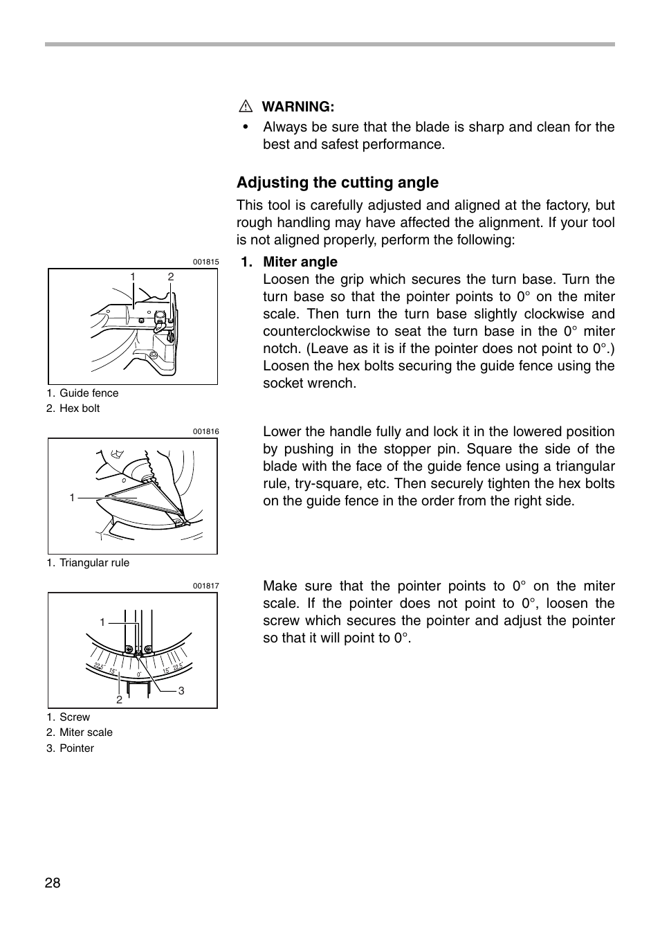 Adjusting the cutting angle | Makita BLS820 User Manual | Page 28 / 36