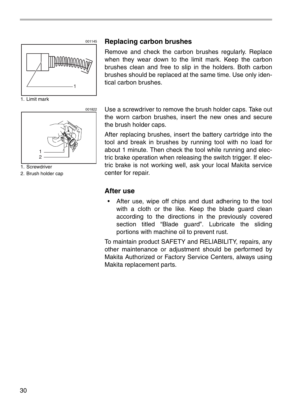 Replacing carbon brushes, After use | Makita BLS820 User Manual | Page 30 / 36