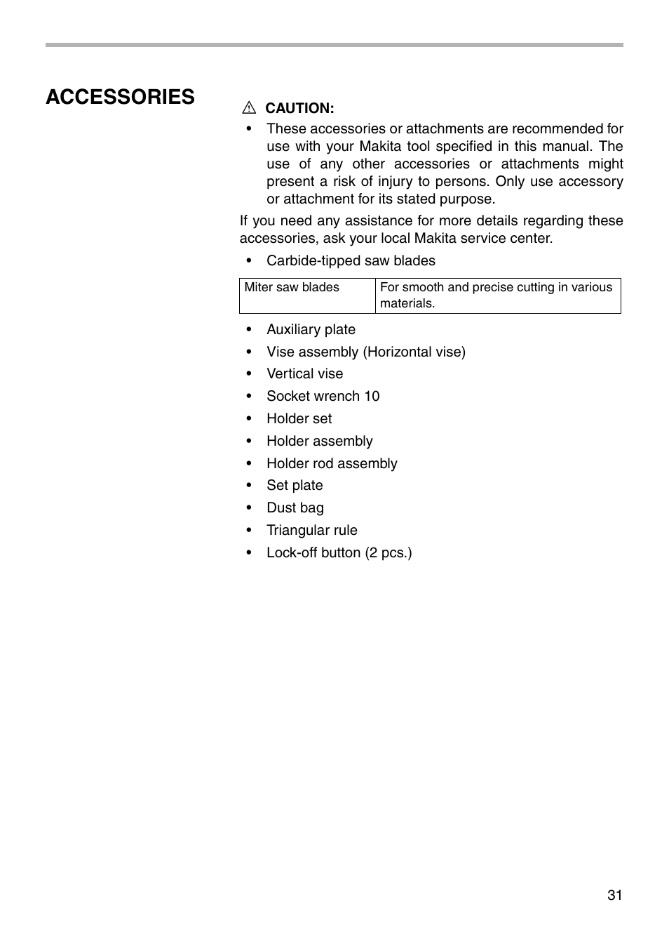 Accessories | Makita BLS820 User Manual | Page 31 / 36