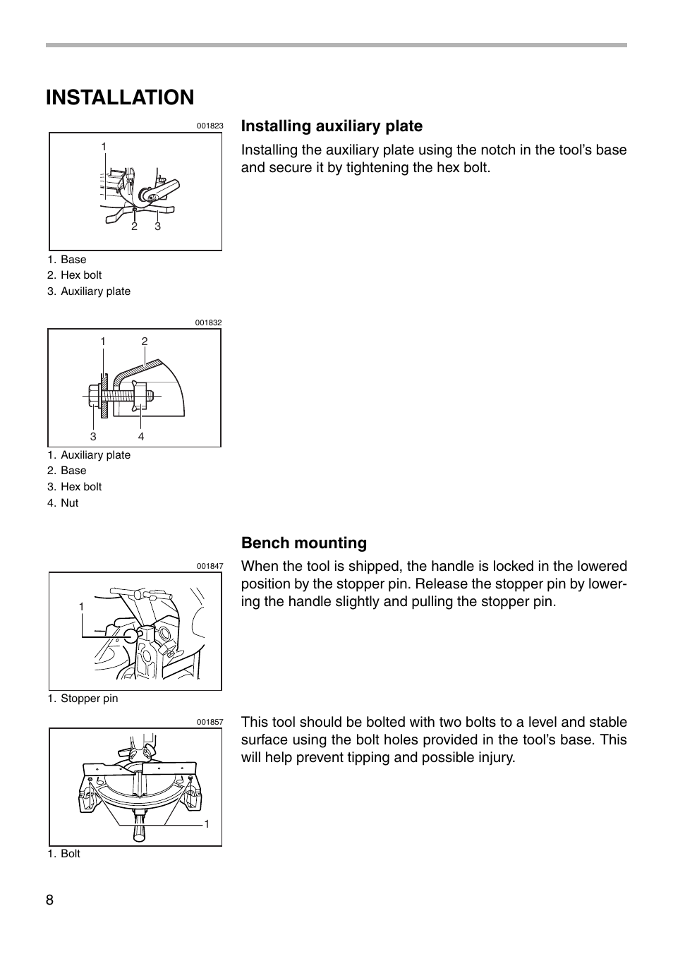 Installation, Installing auxiliary plate, Bench mounting | Makita BLS820 User Manual | Page 8 / 36