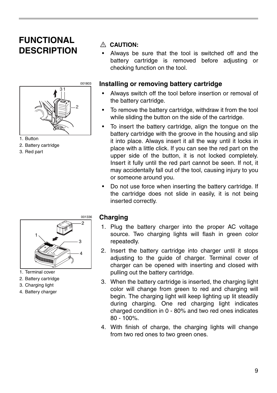 Functional description, Installing or removing battery cartridge, Charging | Makita BLS820 User Manual | Page 9 / 36