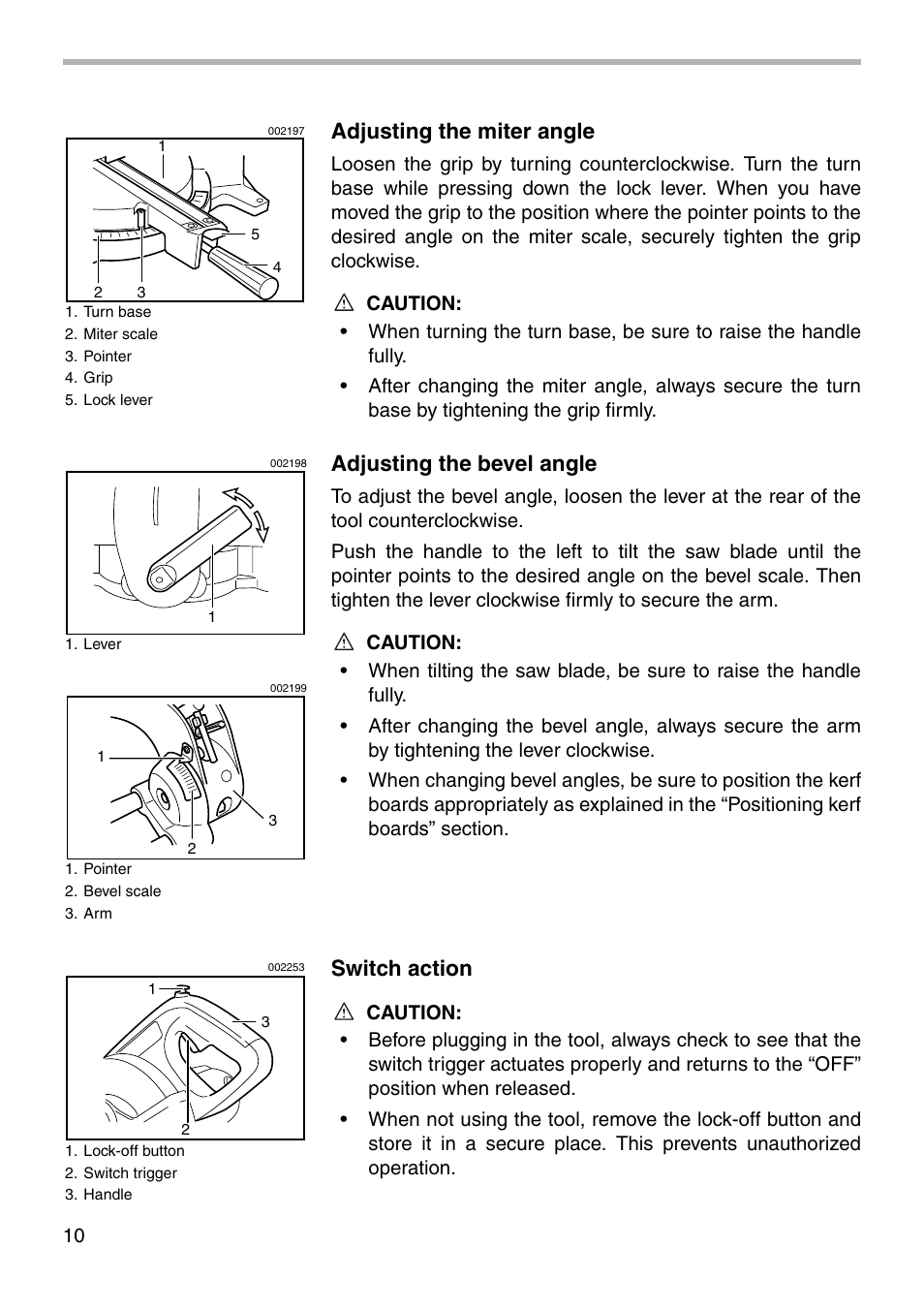 Adjusting the miter angle, Adjusting the bevel angle, Switch action | Makita SLIDE COMPOUND SAW LS0711Z User Manual | Page 10 / 32